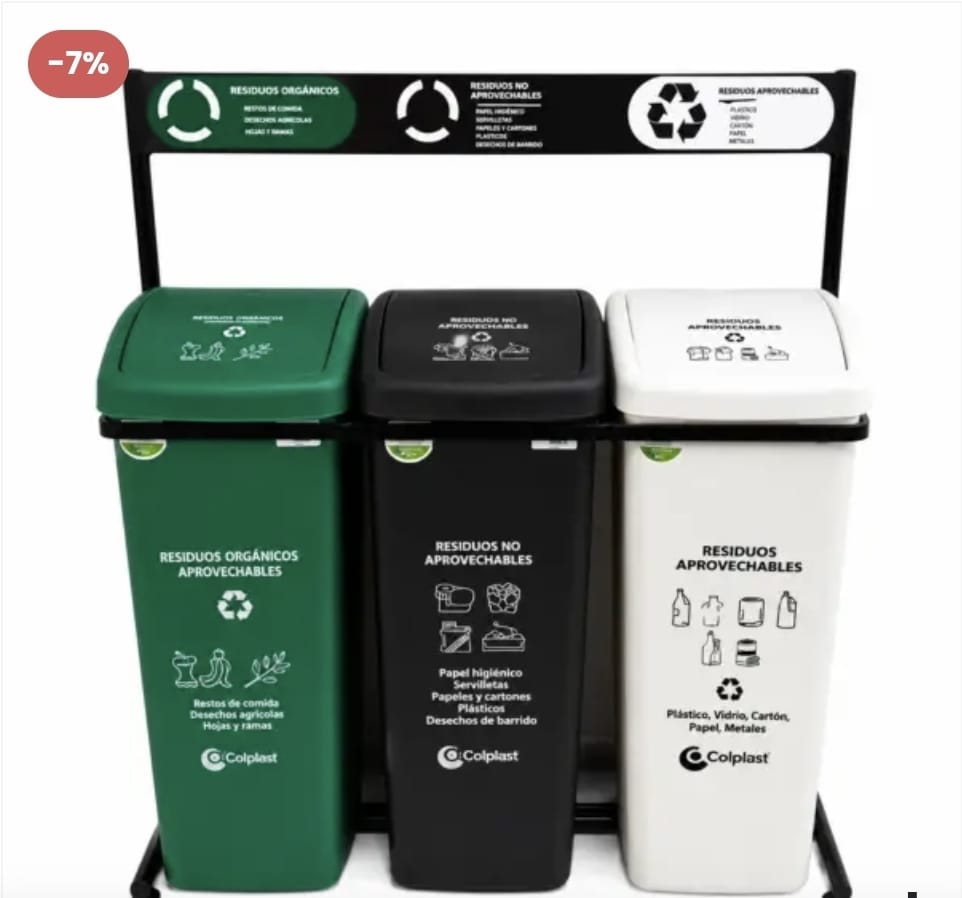 Punto ecológico de tres canecas para separación de residuos